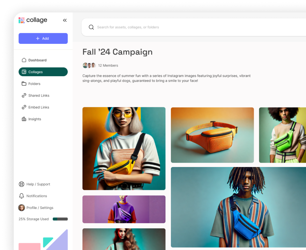 Screenshot of a project management interface with colorful campaign images on display.