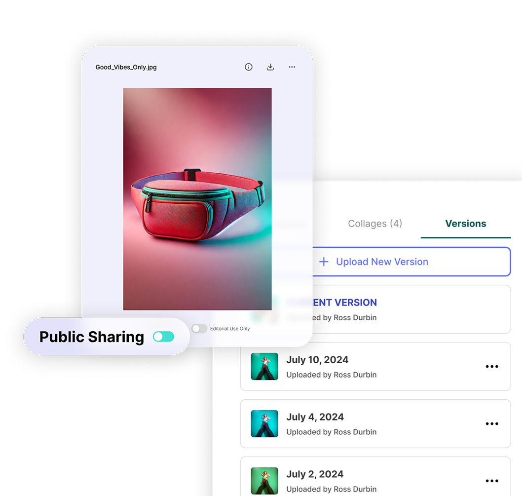 Image of a colorful fanny pack titled "Good_Vibes_Only.jpg" with public sharing options and version history.