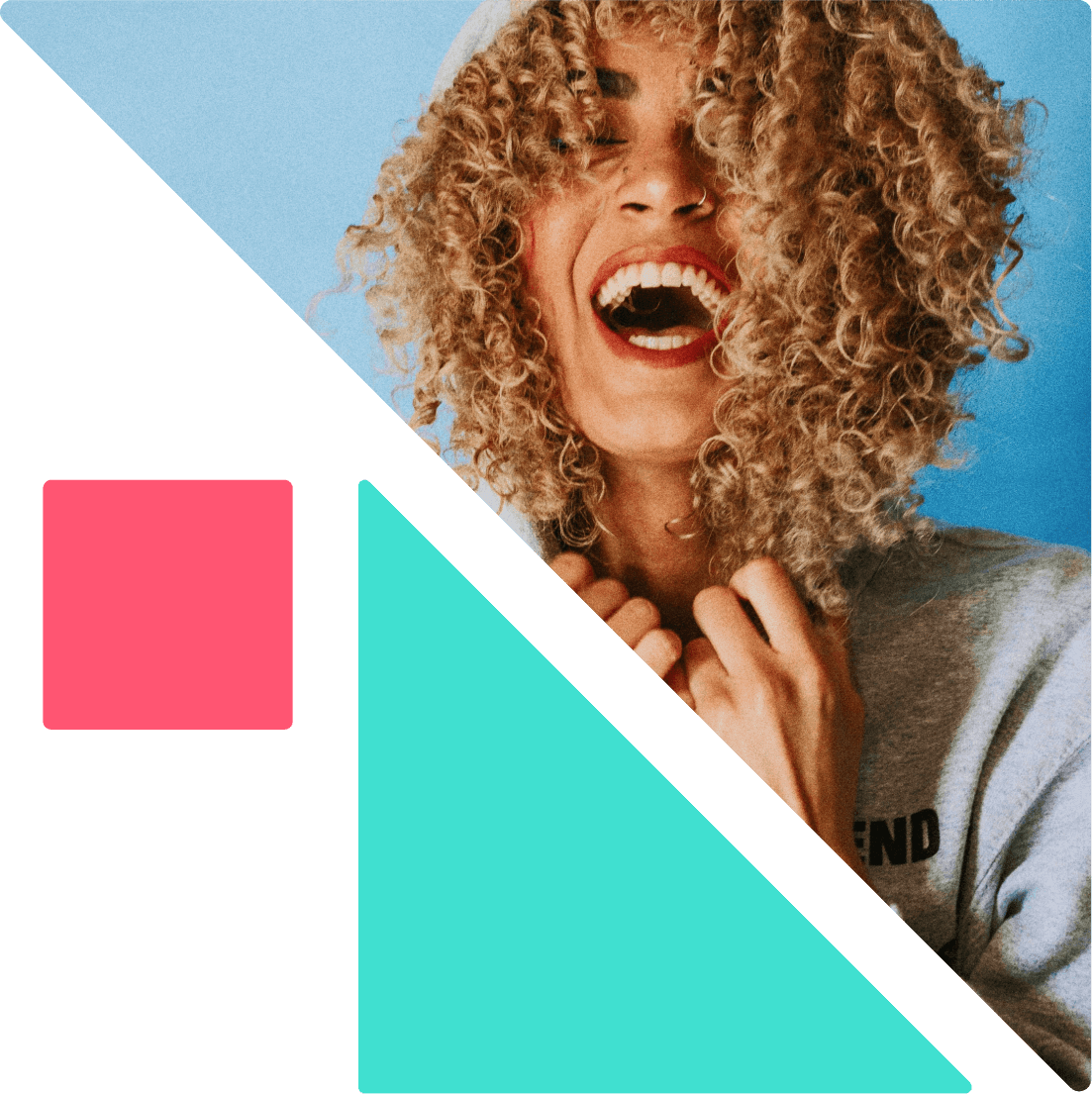 Person with curly hair, geometric shapes overlay, blue and black background.